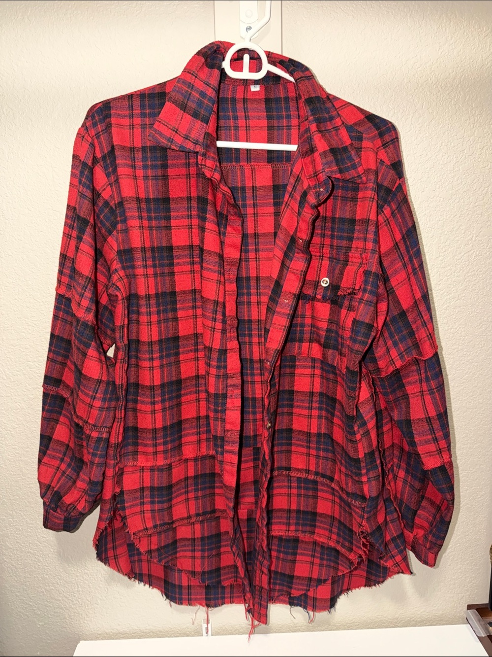 Red & Black Distressed Plaid Button-Up Flannel Shirt